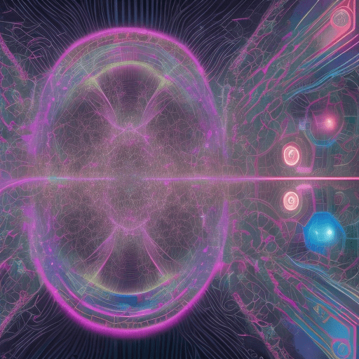 Create a high-resolution panoramic image representing the intersection of quantum physics, computing, and artificial intelligence. The scene should feature a futuristic and abstract landscape with elements such as quantum particles and waves, digital neural networks, and cybernetic interfaces. The image should have a dynamic flow, with intricate details stretching from left to right, suggesting continuous motion. Incorporate vivid colors like electric blue, neon green, and metallic silver to enhance the high-tech aesthetic. Ensure the image is of very high quality, suitable for a widescreen display with dimensions of at least 3840x1080 pixels or larger.