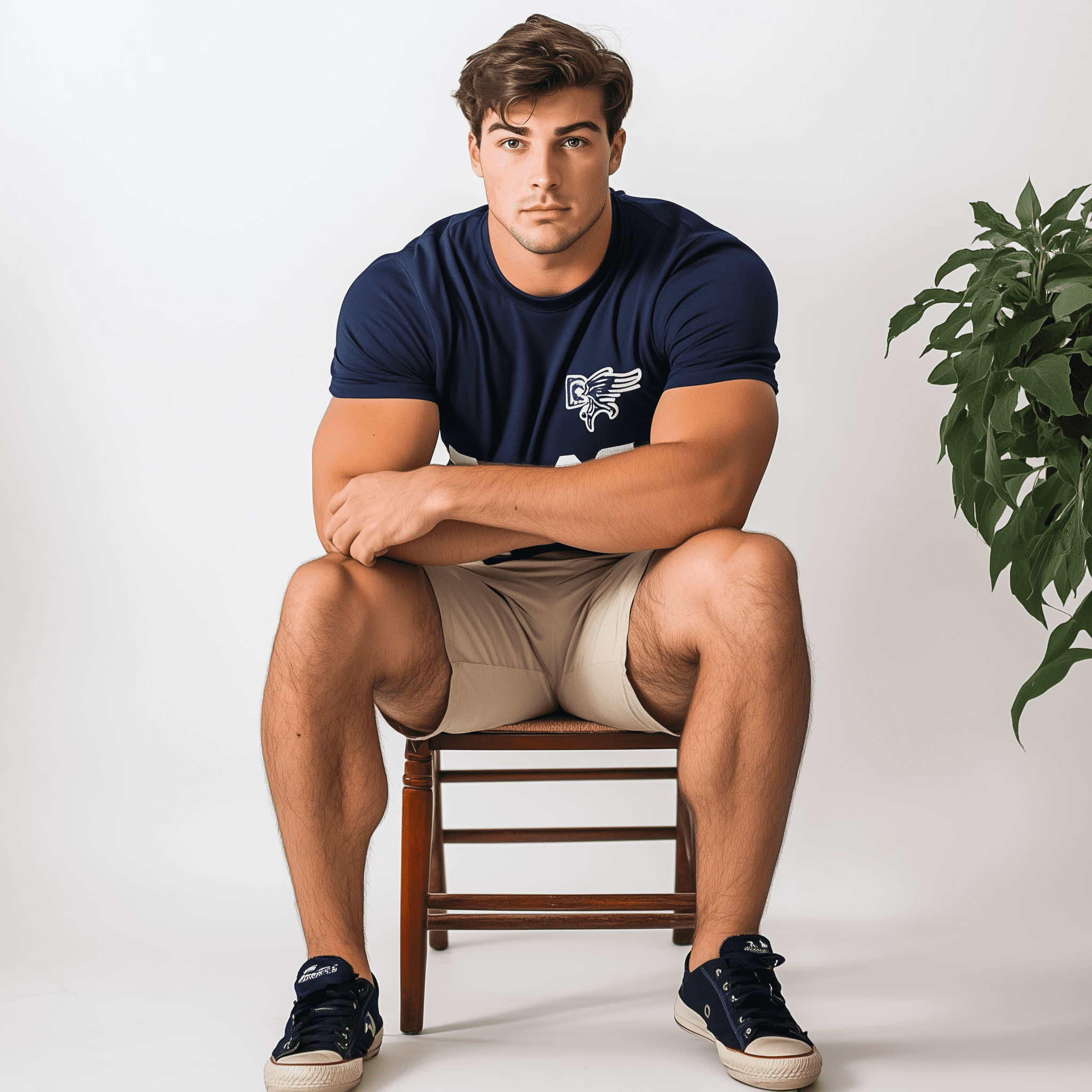 Full-body photo of a tall, athletic man wearing a navy blue tampa bay generals shirt and tan shorts, sitting on a wooden chair in a backyard garden, barefoot with black converse shoes, against a solid white background. He has an extremely handsome look, with thick eyebrows and dark brown hair, and muscular legs. In the style of touko valio laaksonen--ar 91:128 --v 6. 1