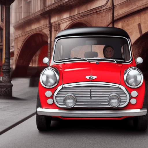 1965 morris mini cooper from the italian job film, iconic british car, highly detailed, vintage, cinematic, classic vehicle, red and white color scheme, urban setting, dynamic angle, by hayao miyazaki and artgerm, 4k resolution, masterpiece digital painting