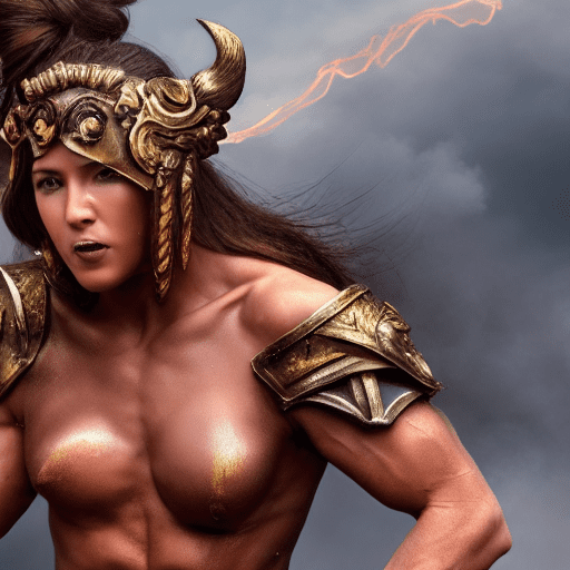 Masterpiece, perfect anatomy, 32k uhd resolution, best quality, highly details, realistic photo, professional photography, cinematic angle, cinematic view, cinematic lights, a female gladiator, bronze skin, muscle veins, long brown messy hair, surrounded by flames, dynamic warrior pose,