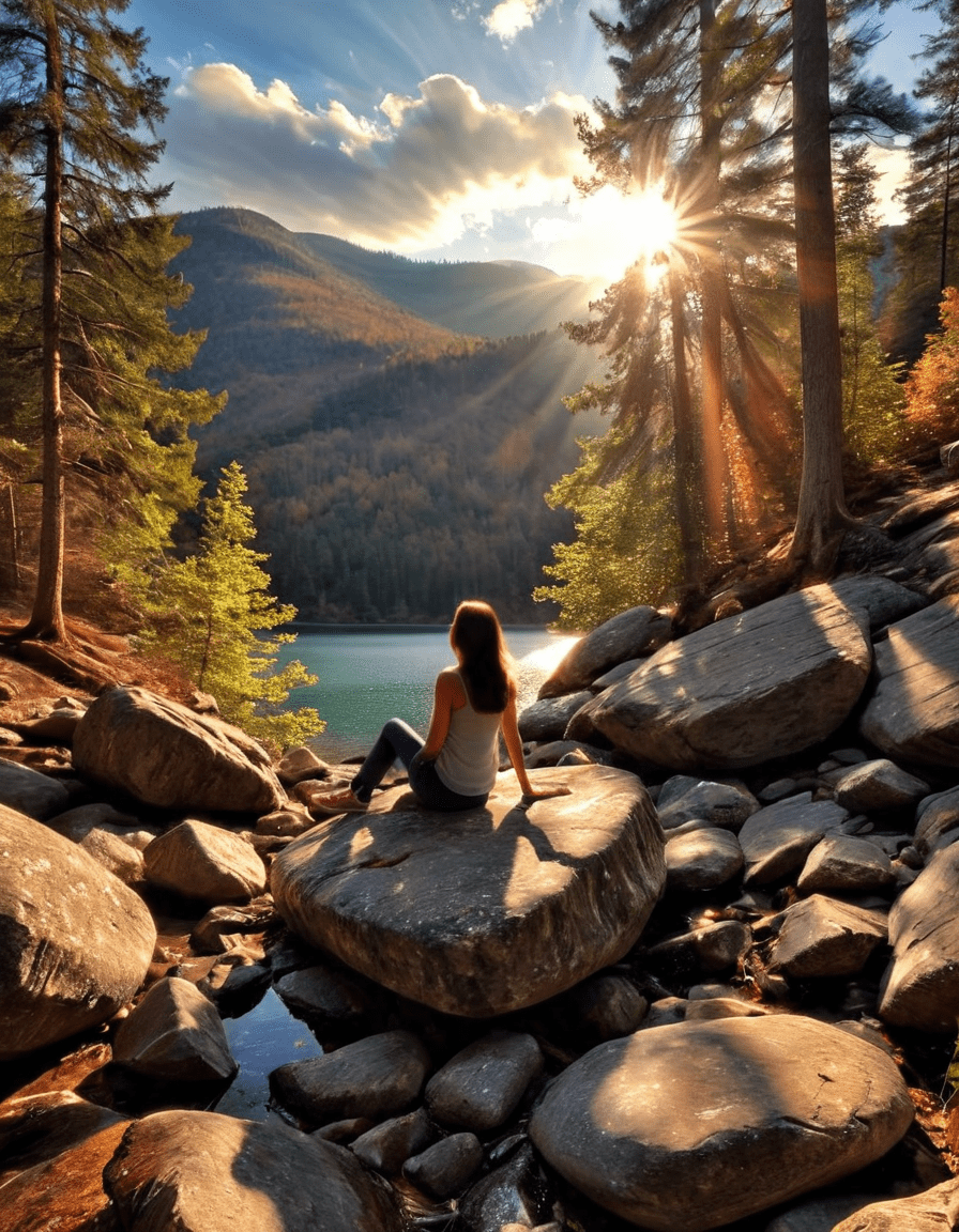 Woman, low angle, sitting on a large rock, long brunette hair, mountain lake, forest, peaceful, serene, golden sunrise, partly cloudy, masterpiece, hdr, 8k