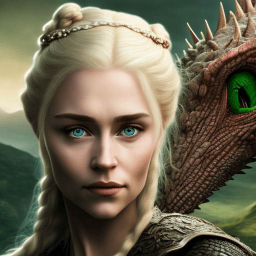 High resolution photography of a blonde woman, with green eyes, gross lips, with a dark big and fiery dragon at his back, cozy atmosphere; 8k, intricate detail, photorealistic, realistic light, wide angle, kinkfolk photography, game of thrones eñstyle
