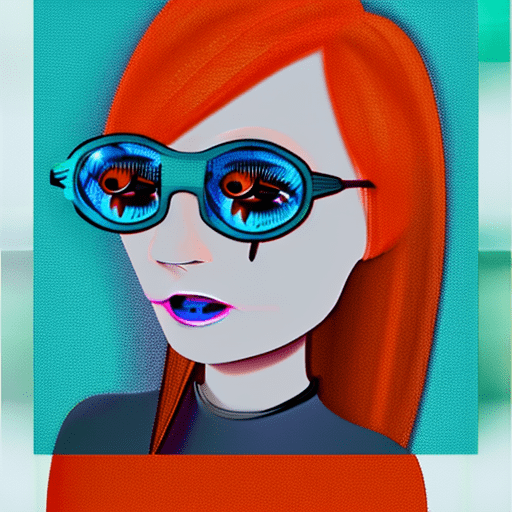 A girl with orange hair dressed in glasses, in the style of futuristic digital art, flowerpunk, shiny/glossy, dark teal and orange, charming characters, lively colors --ar 1:2 --stylize 750 --v 5. 2