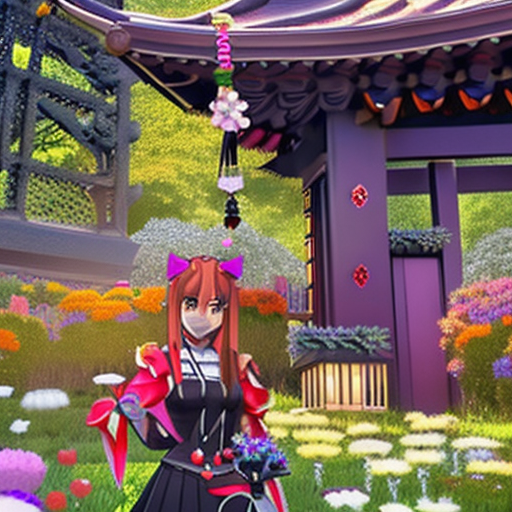 A black cat in genshin impact costume in a garden full of beatiful colored flowers and a japanese shrine in the background