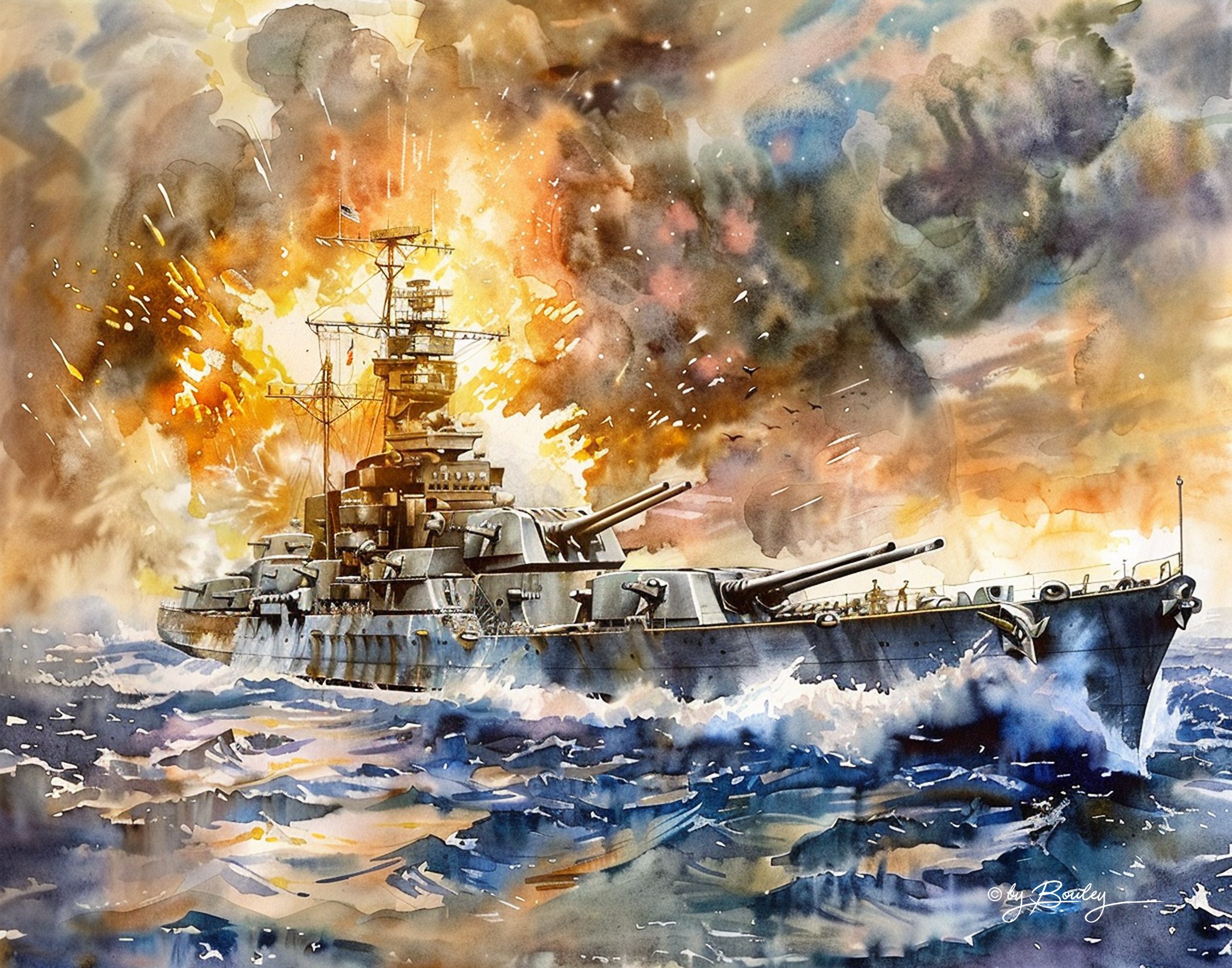 Create a watercolor of a us navy wwii battleship firing its guns, --ar 14:11 --personalize 256x4c7 --v 6