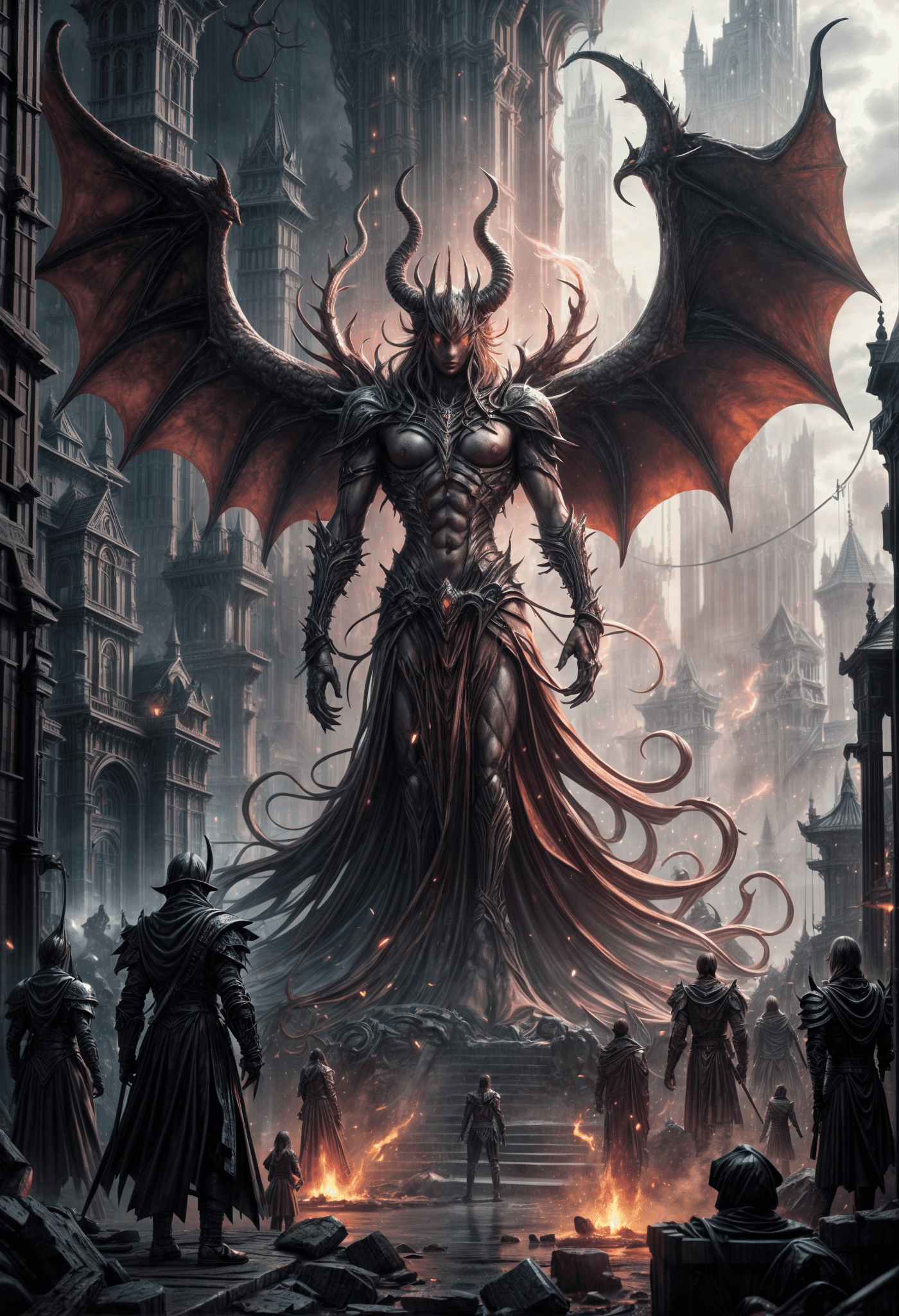 Underworld metropolis, demon markets and angelic sanctuaries, channeling a supernatural anime realm.