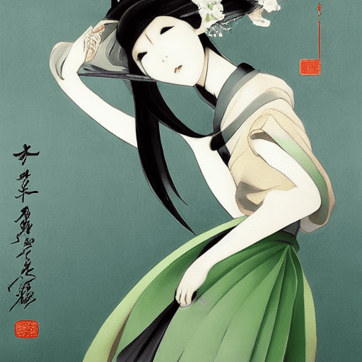 Art print, woman, chinese, in the style of charming anime characters, serene mood, xu beihong, jon j muth, dark white and light green, graceful poses, portraitures --ar 71:128 --stylize 750 --v 6