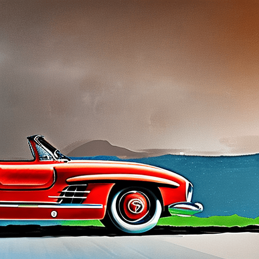 Mercedes-benz 300sl (1954) poster, in the style of rustic simplicity, gritty reportage, kombuchapunk, rusty debris, hyper-realistic animal illustrations, red and amber, wide lens