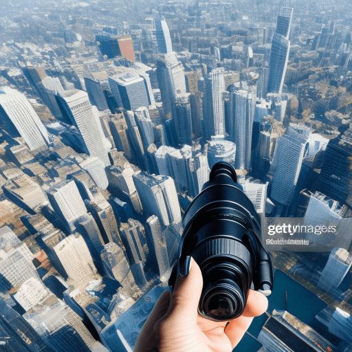 High angle shot of a professional killer holding a monocular and monitoring a city from 2 km