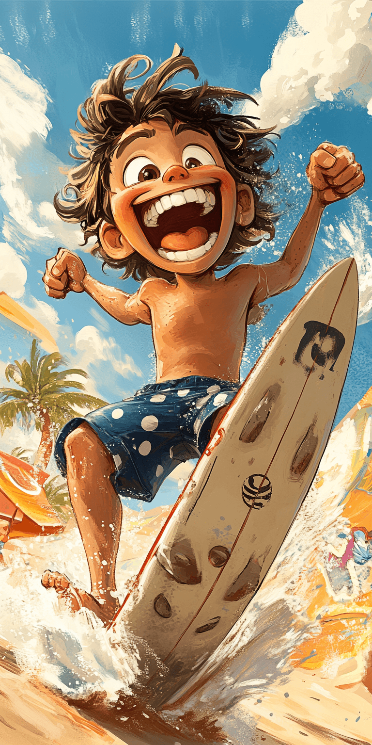 A cute boy is surfing on the beach, in the style of pixar, wearing blue shorts with white polka dots, big smile, rad surfboard, tropical island in the distance against a colorful background, cartoon clouds in the sky --ar 1:2 --personalize 2gwf1qc --stylize 750 --v 6. 1