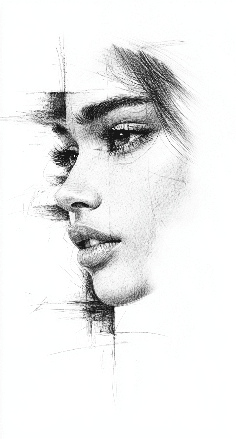 Simple pencil sketch by odilon redon, drawing, face only, a gorgeous woman, hint of a smile, noticeable charcoal marks, white background, no coloring, no color --ar 69:128 --personalize 2gwf1qc --stylize 750 --v 6. 1