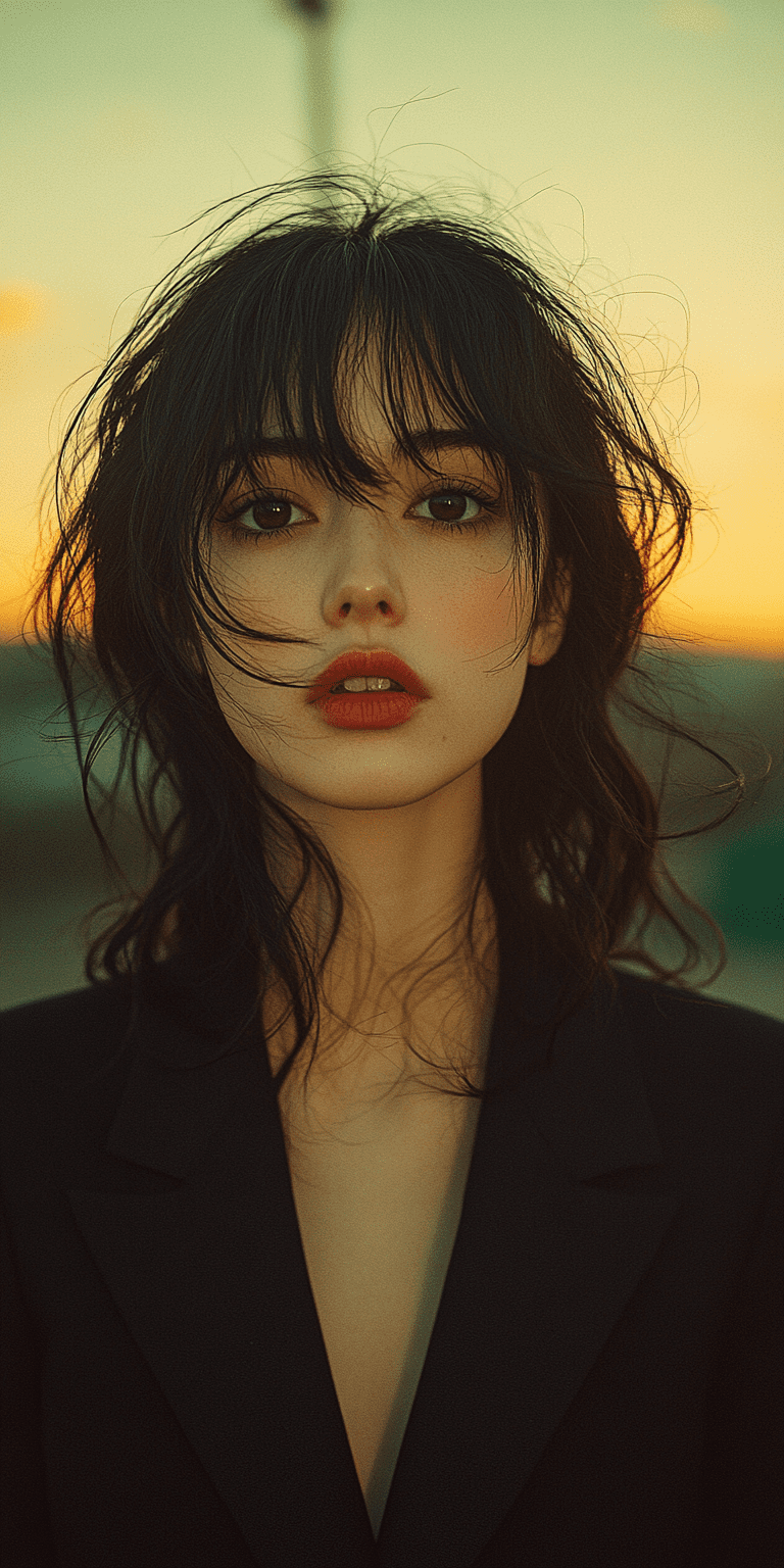 A photograph of an asian woman against the backdrop of a blurred city street at sunset, in the style of photographer rinko kawauchi, wavy black hair, bangs, and red lips, dark suit, colors of her face are contrasted by the vibrant sky behind her to create a dynamic atmosphere. Shot using polaroid disposable film, grainy texture for added character --ar 1:2 --stylize 750 --v 6. 1