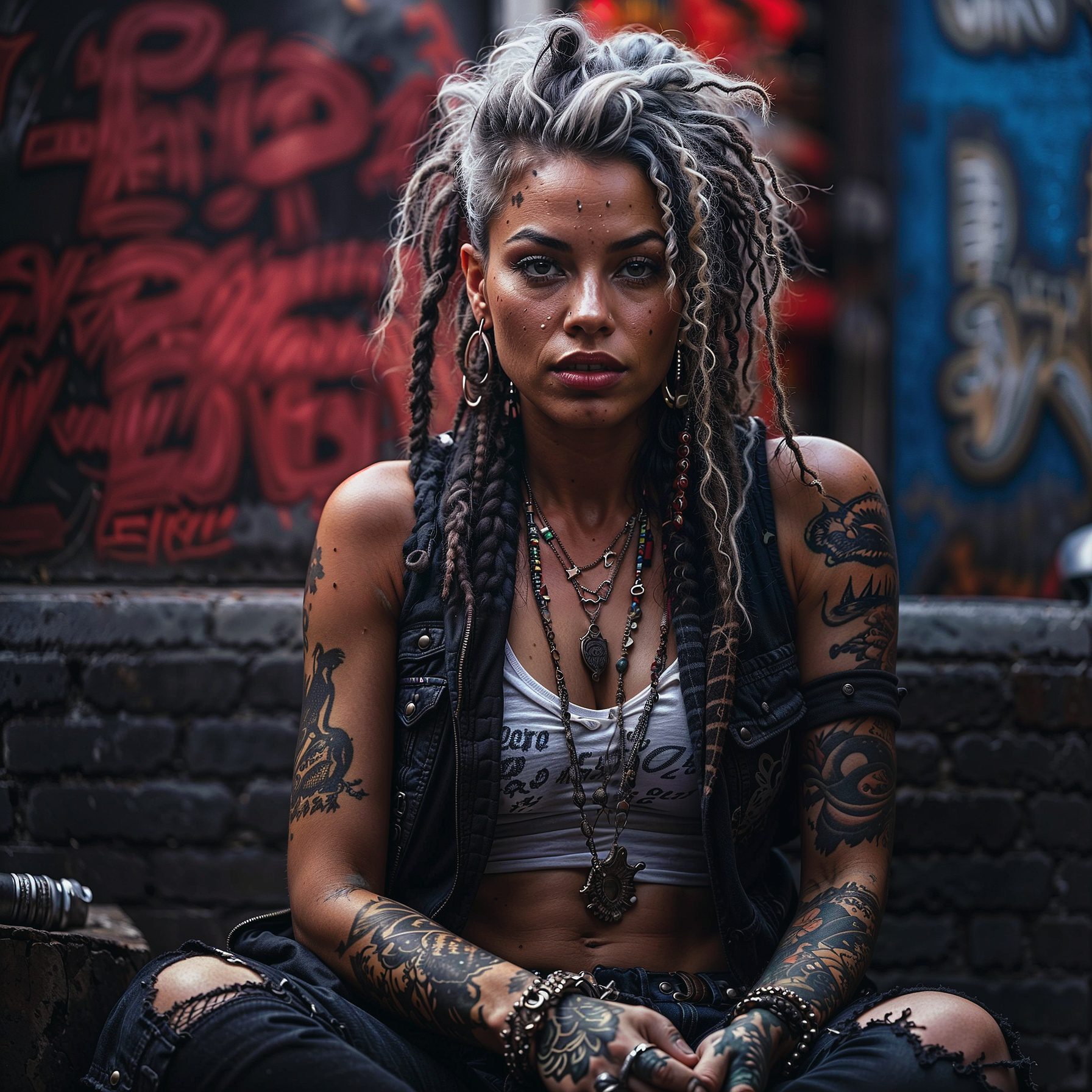Create a hyper-realistic, detailed illustration of a slender punk female sitting reclined against the wall of a dark street. She is savoring a short cigarette, with the phrase 'punk's not dead' spray-painted in red on the wall behind her. She has detailed dreads in pink and black, a side mohawk haircut, and is adorned with large necklaces, extensive tattoos, and multiple piercings including nose, lip, and eyebrow. Her outfit consists of a worn, crop tank top and dirty, torn-apart clothes. The background is wide and dark, reminiscent of luis royo's style, with rembrandt lighting enhancing the dramatic effect. The artwork should be hyper-detailed, intricate, and sharp in focus, portraying a fantasy concept with the highest quality, showcasing her white skin and blue eyes.