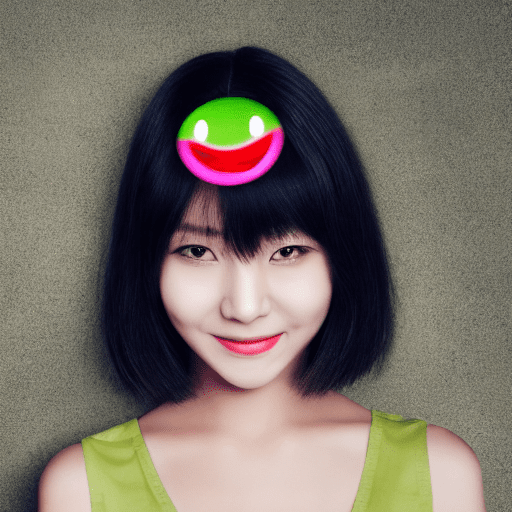 A young lady with short black hair posing with a green smiley face, in the style of hallyu, light silver and light amber, eye-catching resin jade jewelry, light silver and light red, soft femininity, light green and light black, pure color