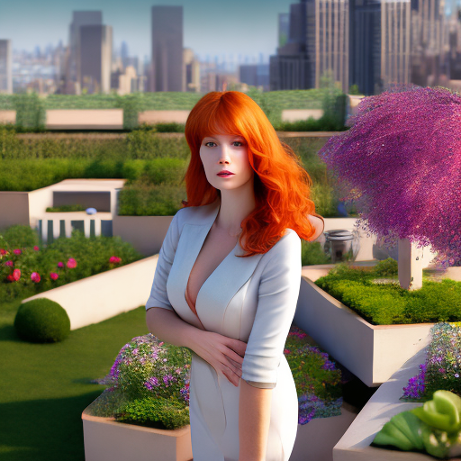 A highly attractive ginger woman who is standing on a rooftop garden. The photo is taken with a high-resolution camera. The background includes typical elements of a rooftop garden , a jacuzzi, landscape view. The scene is vibrant and elegant, focusing on women's features, and clothing. Perfect face, simetrical face, simetrical eyes, 4k, ultra detailed, sharp focus, 8k, high definition, insanely detailed, intricate:1. 1