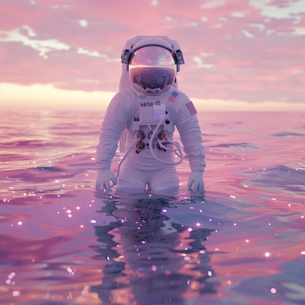 An ultra-realistic, cinematic scene of an astronaut standing in a reflective, pink-hued ocean at sunrise. The astronaut's suit is detailed with smooth, glossy surfaces that reflect the pastel pink and purple colors of the sky. The helmet visor mirrors the soft light, showing a sparkling horizon. The water ripples around the astronaut’s feet, capturing the delicate reflections of the sky. Emphasize the soft, dreamy atmosphere, with a perfect balance of realism and vibrant, otherworldly colors. High-definition rendering, with attention to light, shadows, and reflections