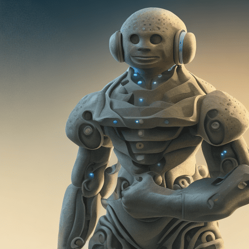 Futuristic golem sitting in front of computer with headphones and microphone
