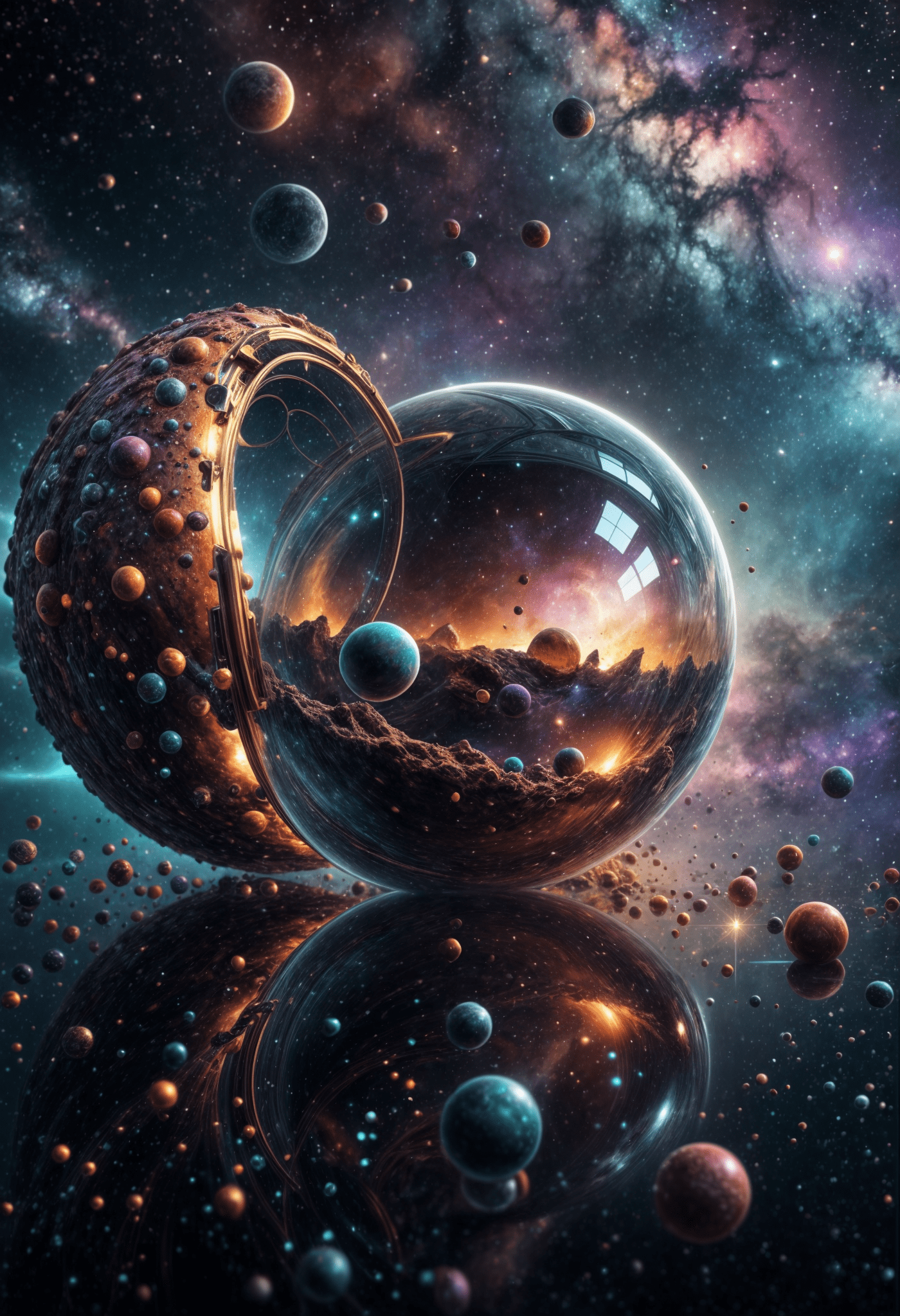 Surealism dimension, spheres, mirror of the past, colorful, nebulas, stardust