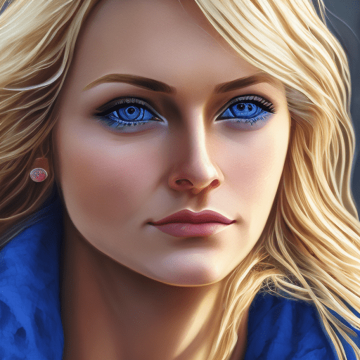 A close-up portrait of a woman with blonde hair and blue eyes, facing the camera directly. Soft side lighting casts gentle shadows on her serene, neutral expression. Her loose, wavy hair frames her face. The mood is calm and focused on her striking eyes