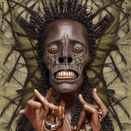A voodoo priest in the creepy hut, with dark complexion skin, yellow eyes, symmetrical features, creepy-looking features, facing the camera, proportioned face features, proportioned body, proportioned limbs, proportioned fingers, finely detailed voodoo dress, skull in staff, voodoo accessories, intricate design and details, ultra-detailed, highest detail quality, ultra-realistic, waist length body shot, photography lighting, dark, photorealistic, cinematic, movie quality rendering, octane rendering, focused, 8k, depth of field, real shadow, vfx post-production, rtx ray tracing lighting --ar 9:16