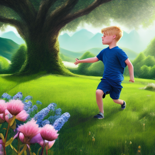 Hyper realistic photo, 2 boys, blonde hair, blue eyes, playing, beautiful green land, flowers, trees, high quality