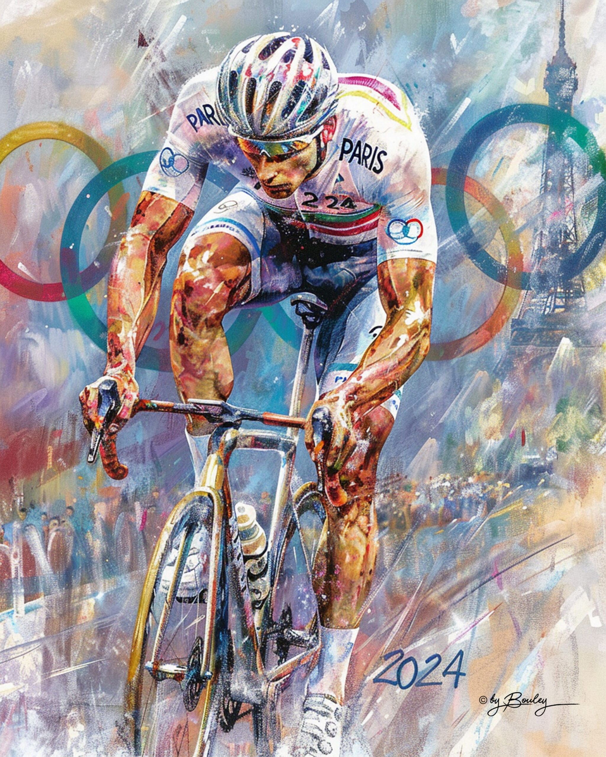 Cycling at the paris olympics, gaspare caramello transconceptual art's style, vivid and brilliant colors, text "paris 2024", background olympic rings --ar 4:5 --personalize gn3fuja --v 6