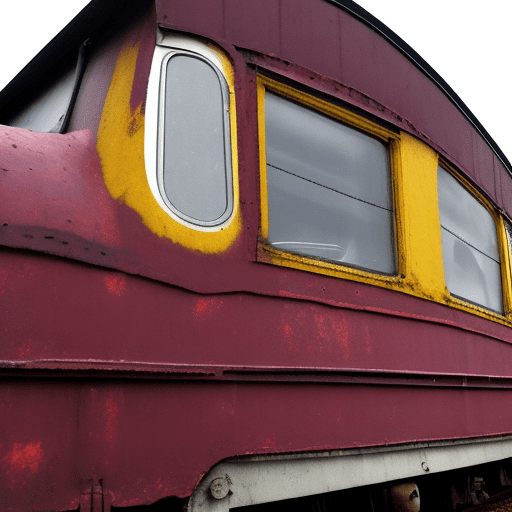 Side view of an old train carriage with rivets, maroon in colour, with two windows, a black roof and the words lapland express between two yellow stripes
