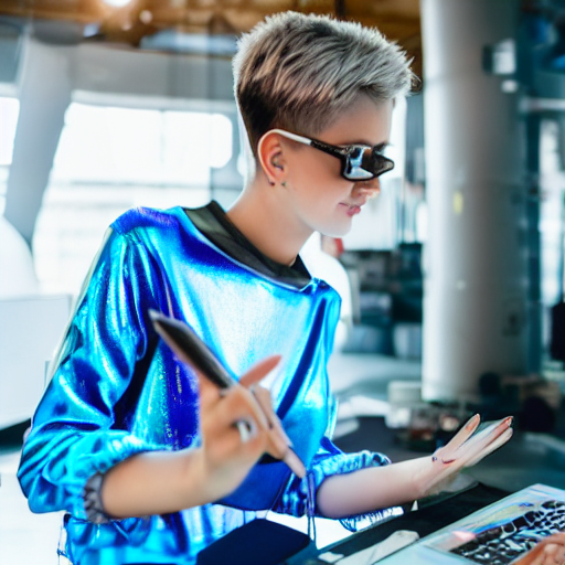 A lovely tech-savvy girl with short, pixie-cut silver hair and bright blue eyes, dressed in a casual yet futuristic outfit, working on a holographic interface in a high-tech workshop.