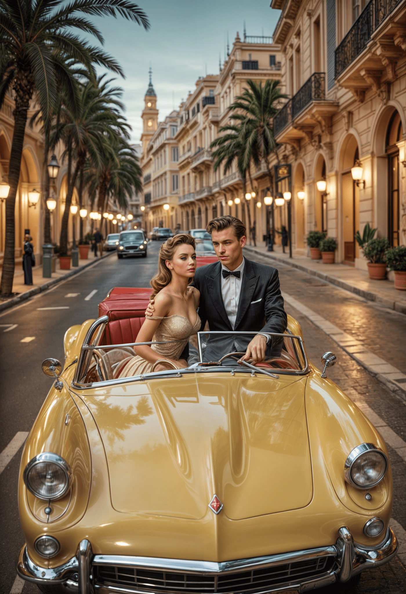 A scene in a retro movie, , 1955 th style, epic scene, intricate details, dynamic lights, 2 stylish people , cabrio, beautiful detailed face and body, cinematic, in monaco