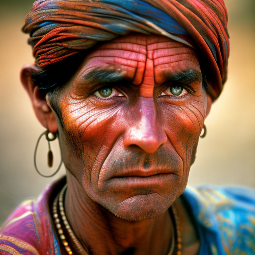 Steve mccurry portrait, vibrant saturated colors, piercing gaze, cultural authenticity, exotic location, dramatic natural lighting, emotional storytelling, national geographic style, candid moment, rich textures, environmental context, human condition, 35mm film look, tack-sharp focus on eyes, rule of thirds composition, weathered face, traditional clothing, dusty atmosphere, intimate perspective, timeless quality, global diversity, golden hour light, square format