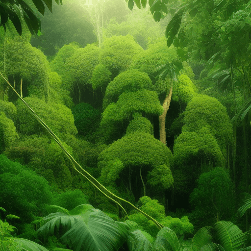 The jungle is teeming with thick, green foliage. Massive trees with sprawling canopies dominate the landscape, their branches intertwined to create a natural roof that filters sunlight into a soft, dappled glow, the color palette is vivid and diverse, deep greens of the leaves contrast with the bright, colorful flowers that dot the landscape, the occasional burst of sunlight creates a shimmering effect on the leaves and water surfaces, numerous waterfalls cascade down rocky cliffs, creating misty veils,