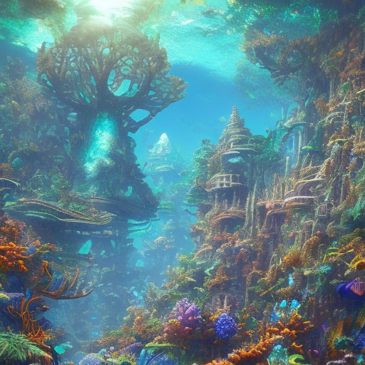 A sunken city with spires that pierce the depths. Coral structures blend seamlessly with ancient stone, schools of iridescent fish-electric blues, fiery reds, and neon greens-darting through crystal-clear waters, the jungle is teeming with thick, green foliage. Massive trees with sprawling canopies dominate the landscape, their branches intertwined to create a natural roof that filters sunlight into a soft, dappled glow, the color palette is vivid and diverse, digital world with neon lights, sleek designs, and futuristic elements, high-tech interiors of the mainframe to the more rugged, industrial areas of the outlands, each environment is meticulously designed with a futuristic aesthetic, the color palette is dominated by dark backgrounds contrasted with bright neon colors, digital world with neon lights, sleek designs, and futuristic elements, a vast digital landscape filled with towering structures,