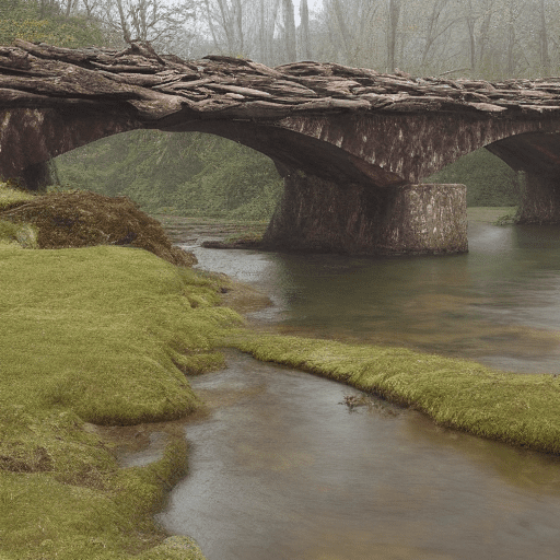 Landscape: "old bridge. The bridge exposed its body to the rain, drops flow down its back. "