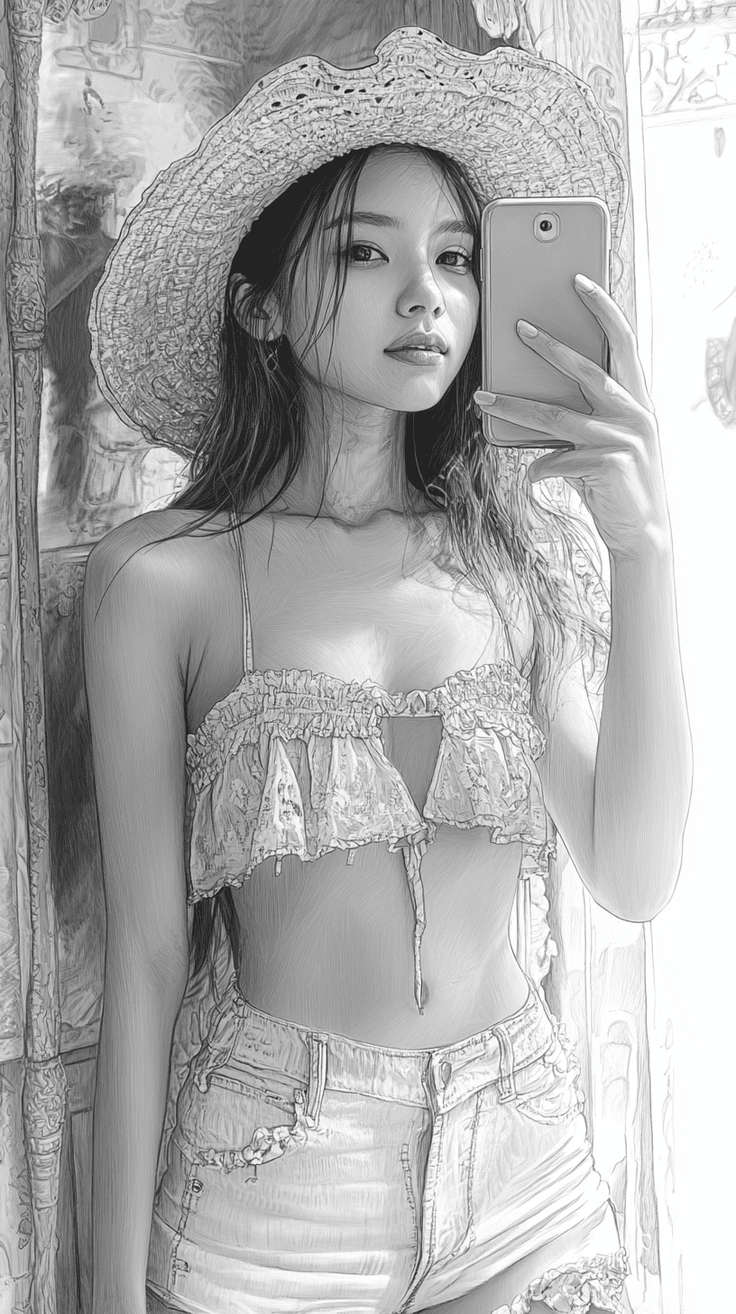 Pencil sketch drawing in the style of odilon redon, petite asian woman in a sundress, taking a selfie in a mirror with her face covered by her iphone, full body --ar 9:16 --stylize 750 --v 6. 1