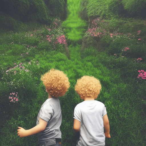 Hyper realistic photo, 2 boys, blonde hair, blue eyes, girl, blond curly hair, black eyes playing, beautiful green land, flowers, trees, high quality