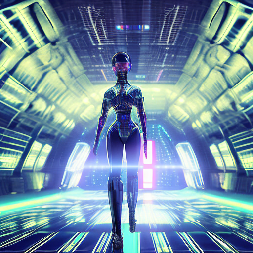 A luminously intricate android woman standing in a spaceship hangar. Her body is adorned with vividly shining neon lights that pulse with energy, creating a mesmerizing effect. The android's sleek, metallic face reflects the glow from her illuminated eyes, which seem to pierce through the darkness.