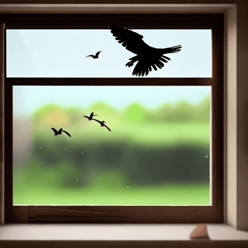 A view from inside a bedroom of a crow smashing through the window from outside