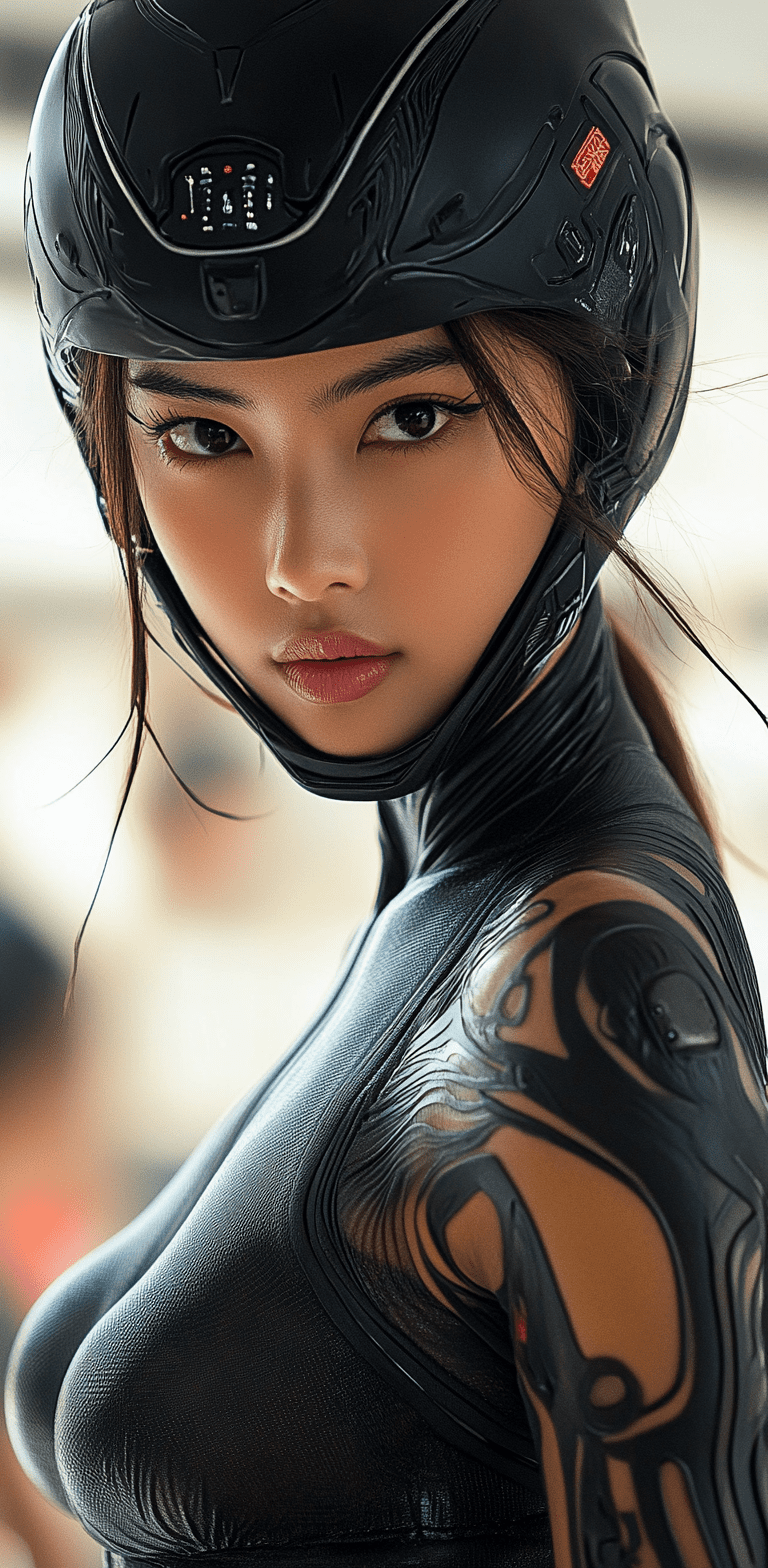 Close-up shot of a woman wearing a black latex outfit and full-face helmet, standing in a white minimalistic room with a futuristic vibe lit with soft light --ar 63:128 --personalize 2gwf1qc --stylize 750 --v 6. 1