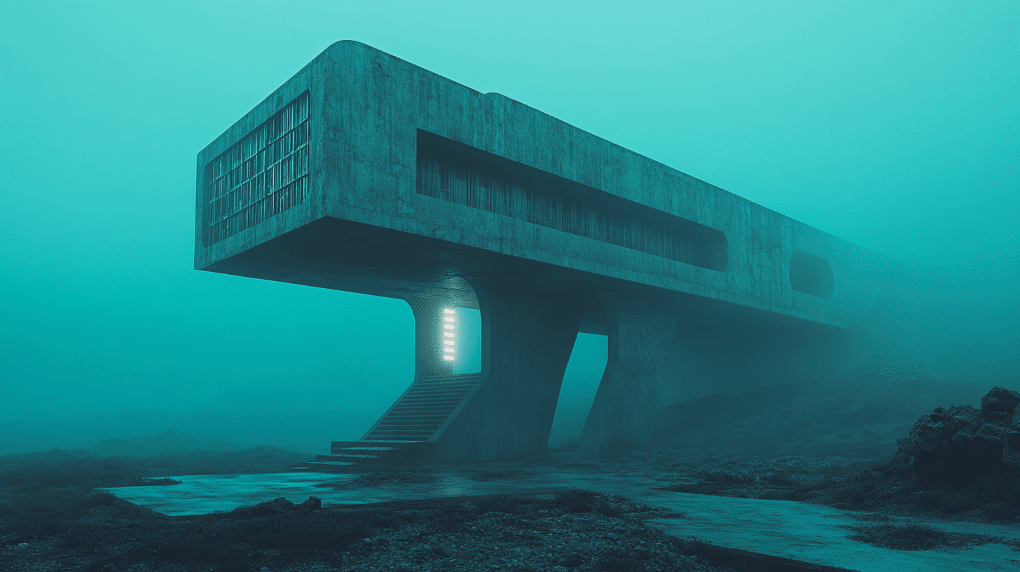 Brutalism future sci-fi desert cyan lights concrete dusk fog --ar 16:9 --v 6. 1