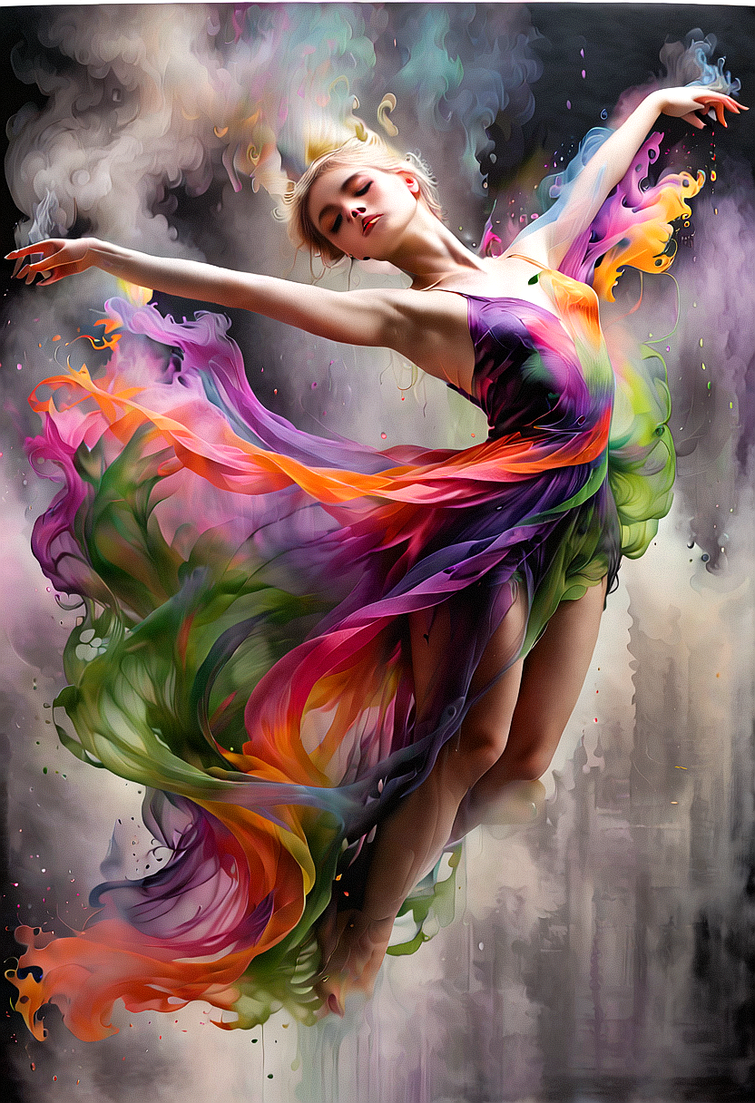 An image of a vibrant, artistic portrayal of a woman dancing, surrounded by a swirl of vivid, multicolored smoke-like fabric. Her dress flows around her in a spectrum of colors, including purple, green, orange, and pink, mirroring the fluidity of her movement. The dancer's pose is dynamic and expressive, with her arms elegantly extended and her head tilted back in a posture of freedom and abandon. The background is muted with soft, indistinct shapes that suggest a dreamlike or abstract setting, allowing the colors of the dress and the dancer's graceful form to be the focal points of the composition.
