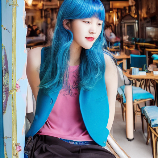 Best quality, masterpiece, perfect face, beautiful and aesthetic:1. 2, colorful, dynamic angle, highest detailed face) , fashion photography of a korean cute girl with long iridiscent blue hair, (blue tank top,detailed structures:1. 2) , in a cafe , (intricate details, hyperdetailed:1. 15) , detailed, sunlight passing through hair, (beautiful scenery in background) , (high contrast, extreme detailed, highest detailed) , hdr+