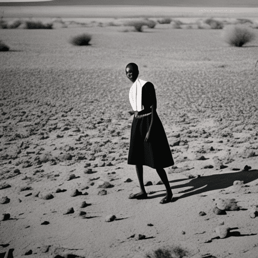 Photograph of an african woman wearing a black dress and white collar, barefoot standing in the middle of a barren landscape with her friends behind her. Shot on kodachrome film in a medium format. --v 6. 0 --ar 62:85