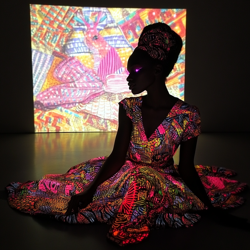 ((((style of yinka shonibare) ))), luminous horizontal line in the center of the image, (lying on the line only the outlines of a sinuous gazelle-like nymph) , (the interior of the body is empty, composed only of glows) , low cut dress, pink pupils, withe air with ribbons, mythical creature, the creature is of absolute beauty beauty beauty beauty, provoking, innocent, abstract, inviting pose, the background of the scene is filled with traditional african items, ((african apotropaic masks on the wall) ), patterned background, scenic background, wooden| sand texture, small window, savannah scenery from the window, the background of the scene is filled with traditional african items, ((african apotropaic masks on the wall) ), patterned background, scenic background, wooden| sand texture, small window, savannah scenery from the window, crash zoom shot, concept art, laika 100mm lens shot, spotlight, award winning photography, masterpiece, digital art, single subject, adm, gibbs sampling, ambient occlusion, complementary colors, (((acrylic pour) )) --v 6. 1