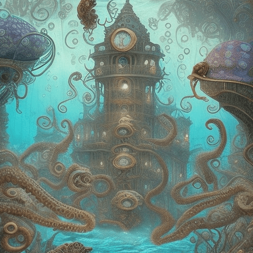 An extraordinary illustration of a victorian-era inspired underwater city, where intelligent octopuses have crafted a captivating steampunk utopia. These octopuses don elegant victorian attire, complete with top hats, as they glide through the vibrant bioluminescent sea plants that illuminate their realm. Schools of fish gracefully move through the water, adding a surreal aquatic touch to this enchanting scene. Above the waterline, steampunk ships with sails float, with only the bottoms of the ships submerged, seamlessly blending into the underwater world. The cinematic underwater realm is brought to life with great white sharks dressed in dapper bowler hats, monocles, and smoking pipes that emit bubbles instead of smoke. This illustration masterfully combines architecture, wildlife photography, and surreal elements to create a mesmerizing underwater masterpiece.