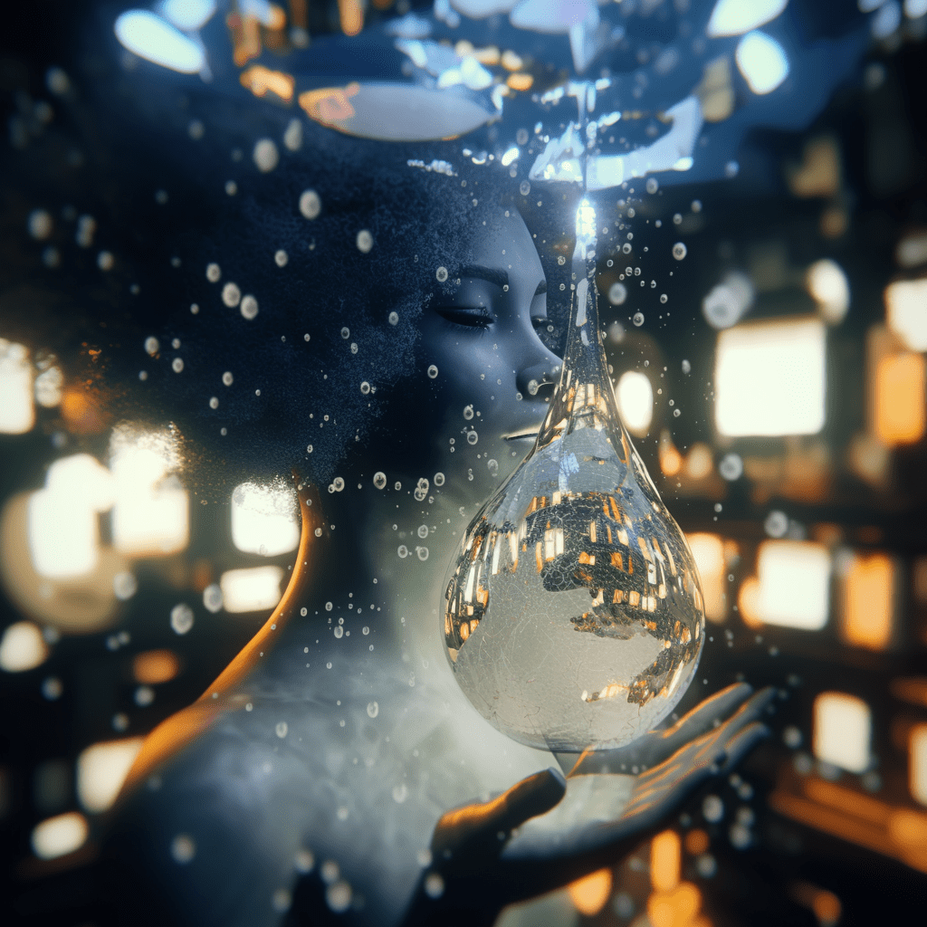 Style_of_piet hein eek, splash_art, glass_doll, glass_focus, style of glass and transparent, glass_textured_doll, translucent_glass_accented, 8k, uhd, digital_art, flashforward_shot, female| glass, three-quarter_view, tilt_shift_effect, gorgeous_femboy_nymph_doll, blue_hair, banded_buns, intricate_details, scarlet_pupils, chetoluminescent_collarbone_necklace, crossed_lace_shoes, sitting_over_a_roof, dynamic_posing, snowy_night, dark_night, bioluminescent_snowflakes, neon_colors, backlit_silhouette_lighting, intricate_patterns, layered_depth, 3d_fluid, detailed_textures, unreal_engine_5, hypermaximalist, --q 4 --chaos 0. 5 --weird 200 --niji 6