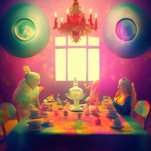 Psychedelic interpretation of alice in wonderland tea party volumetric lighting, dramatic shadows, professional photograph, high resolution, stunning composition, trending on instagram. }}