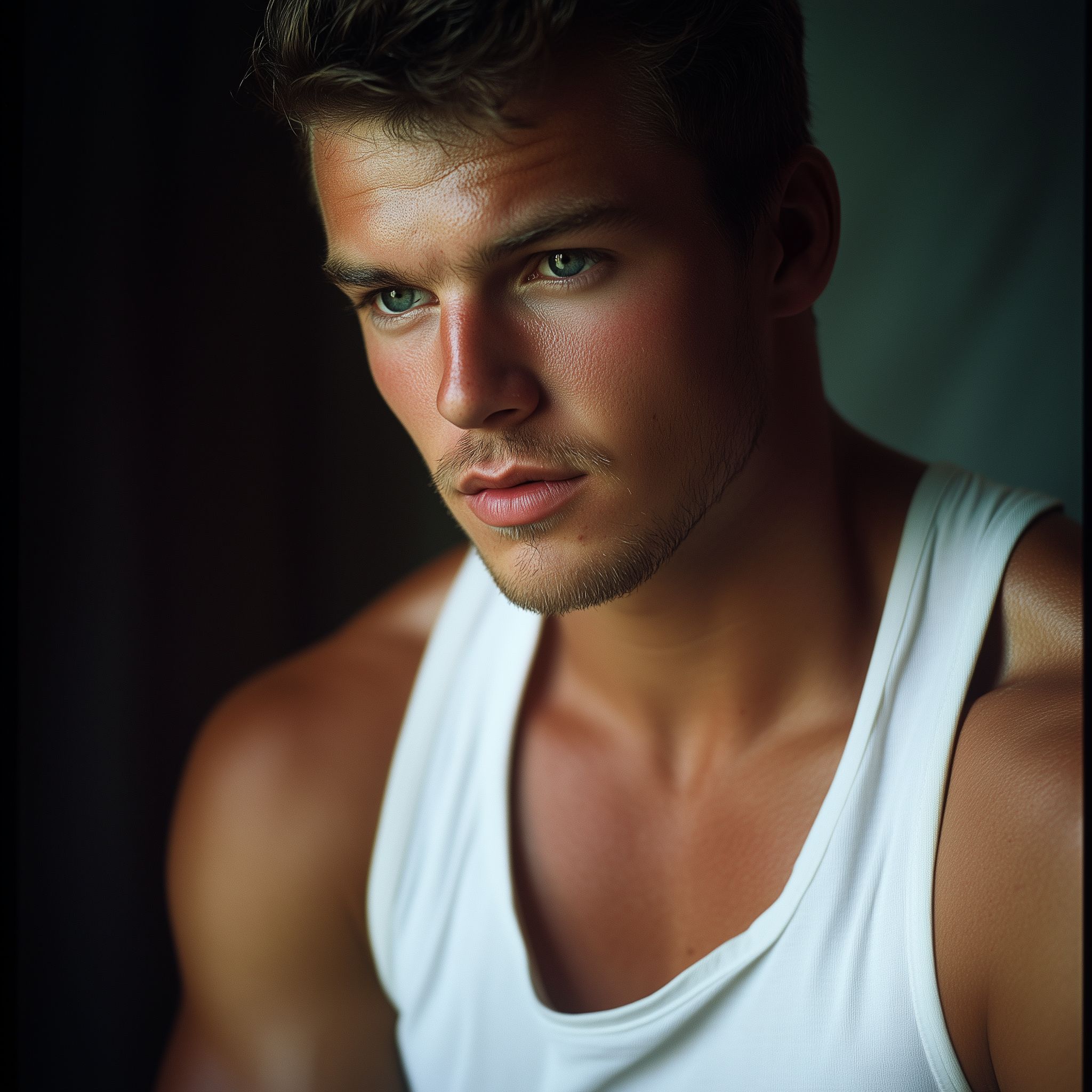 A handsome man wearing a white tank top, posing for the camera, looking at the viewer, in a three-quarter angle shot, gazing into the eyes, portrait photography, kodachrome film, studio lighting, vintage photo in the style of james vincent and bruce weber and touko valio laaksonen --v 6. 1