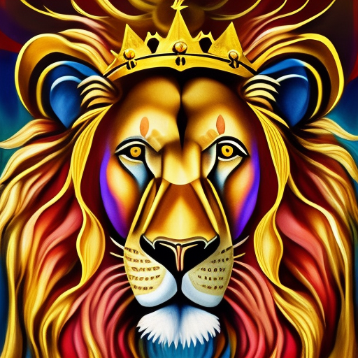 An abstract lion with a shy crown, inspired by salvador dali's style, is depicted as the king of the animals in africa. The lion is painted in a fantasy art style with abstract art elements. The image is set in a warm, golden light that highlights the lion's regal features.