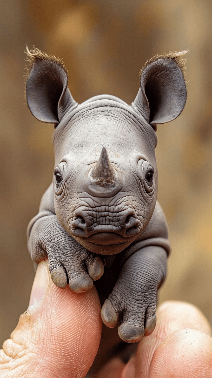 A close-up image of an unbelievably tiny and irresistibly cute newborn rhino calf, so small that it is perched on a single fingertip. The baby rhino has large, curious eyes with a gentle, innocent expression. Its minuscule, sturdy body, no bigger than the tip of a finger, is covered in smooth, gray skin with a tiny, barely visible bump where its horn will grow. The rhino’s small, rounded ears and miniature snout add to its endearing appearance. Its tiny feet, smaller than the person’s fingernail, rest delicately on the fingertip, emphasizing its incredibly tiny and fragile nature. The background is softly blurred, focusing all attention on the rhino calf’s impossibly small, charming form, radiating pure sweetness and vulnerability. --chaos 10 --ar 9:16 --quality 2 --style raw --v 6. 1