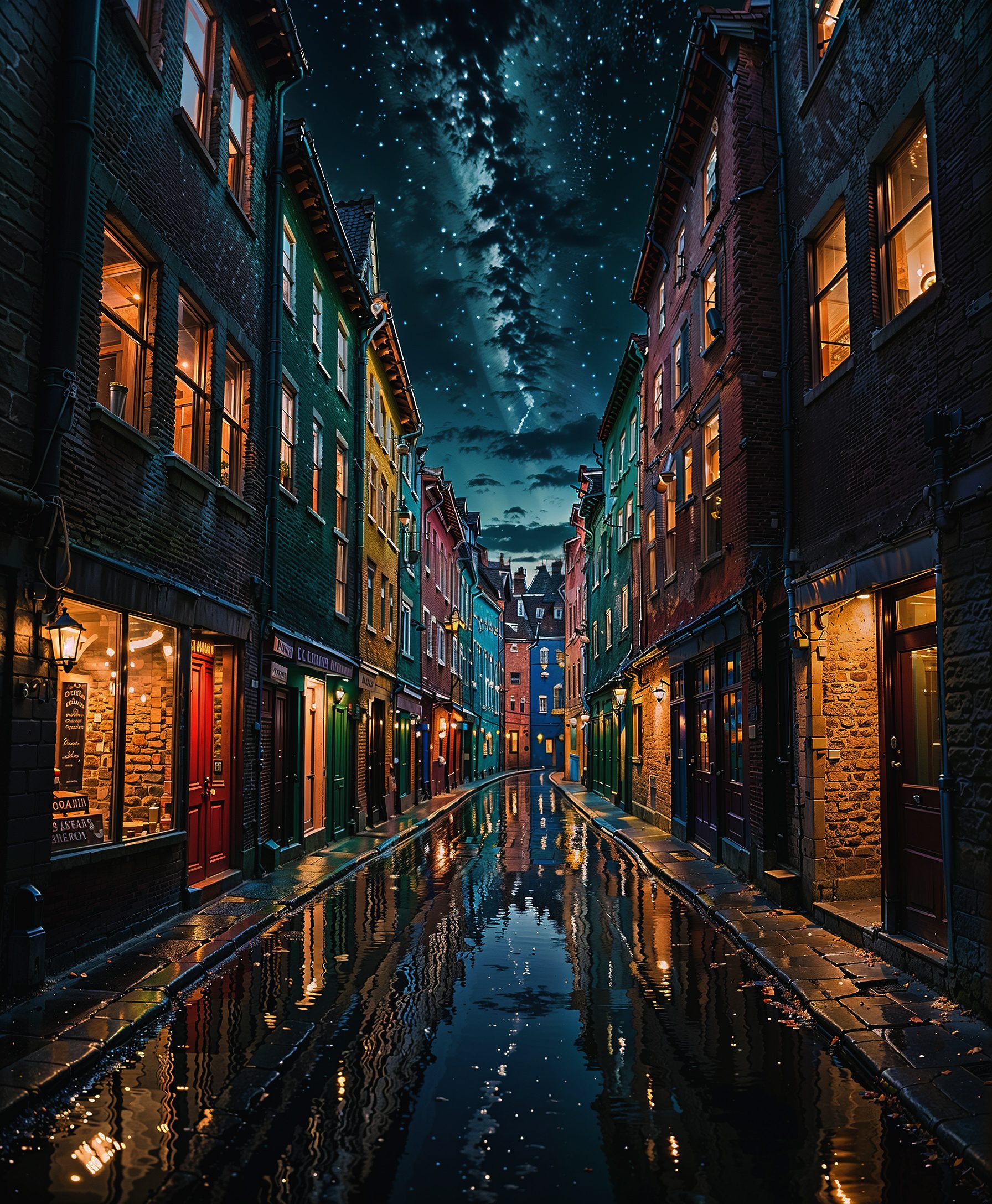 A backroom concept view of an infinite street at night, lined with giant, vividly colored houses that stretch endlessly forward, repeating in a mirror-like pattern. The perfectly black sky creates a stark contrast with the bright lights streaming from the windows of the towering houses, intensifying the eerie atmosphere. The street appears to extend infinitely, creating a disorienting and surreal visual effect. The overall scene evokes a strange, nightmarish feeling, with the stark contrast between light and darkness heightening the sense of unease.